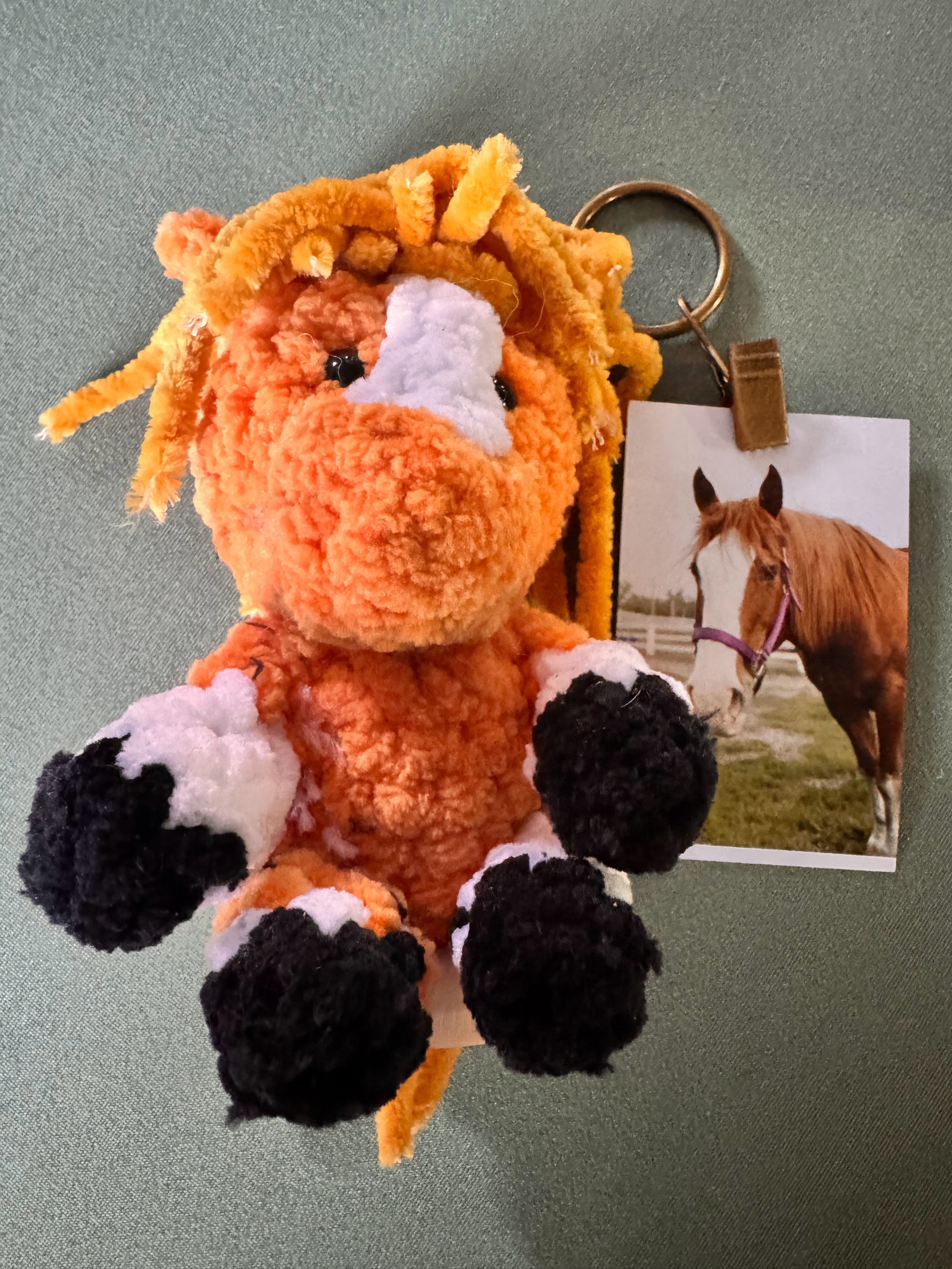 Maverick handmade crocheted stuffed horse memorial edition with photo keychain