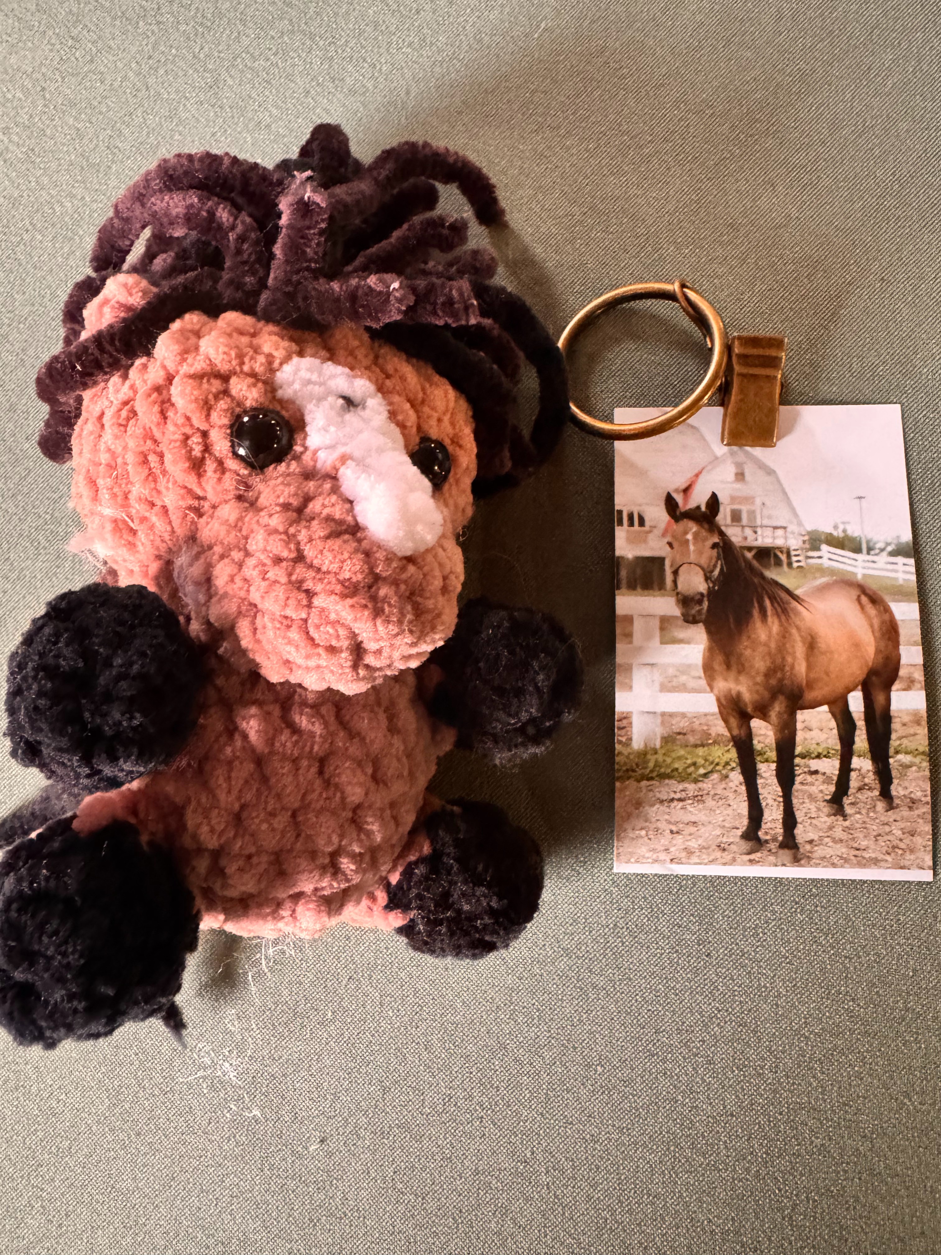 Nelly Bell handmade crocheted stuffed horse with photo keychain