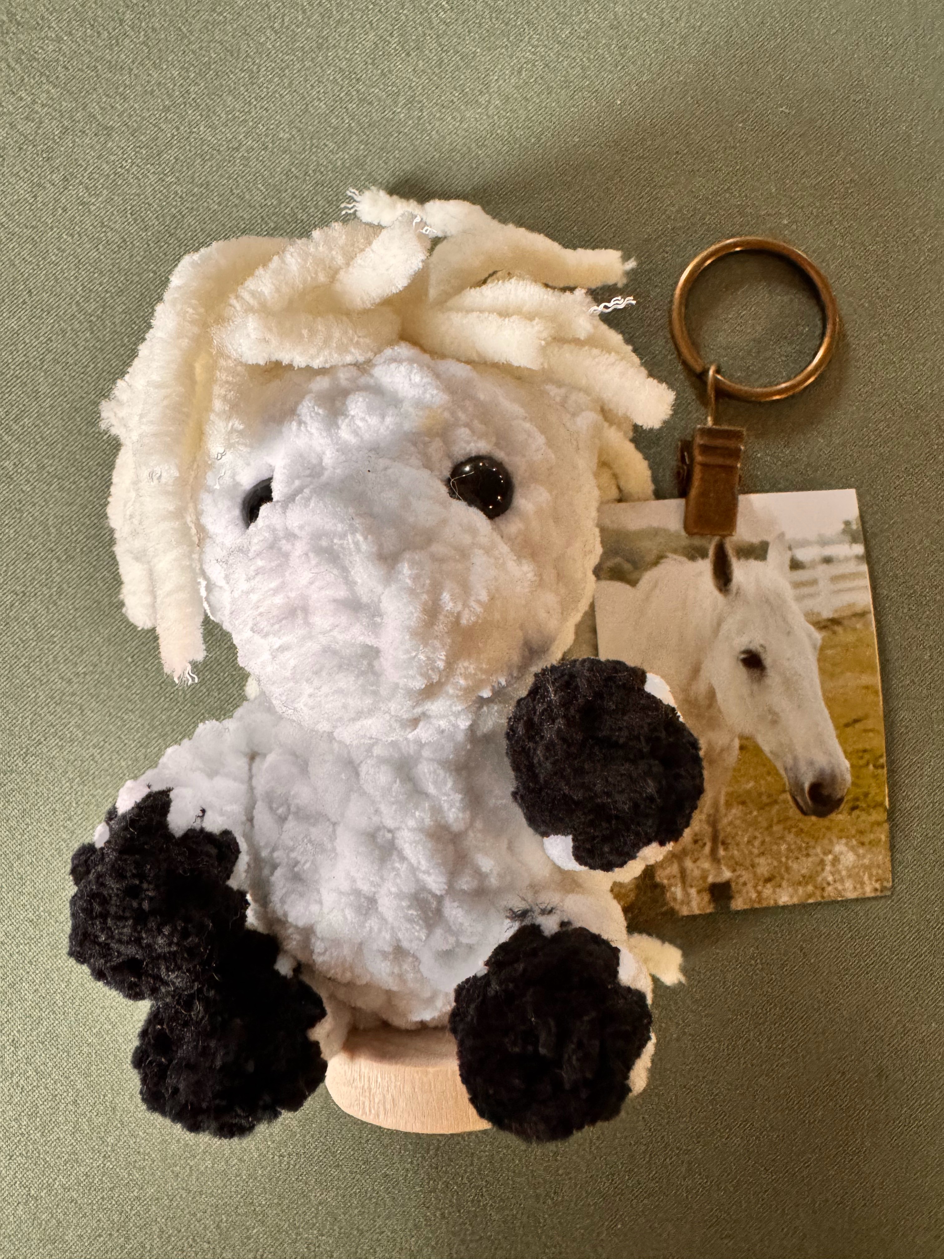Rocket handmade crocheted stuffed horse with photo keychain