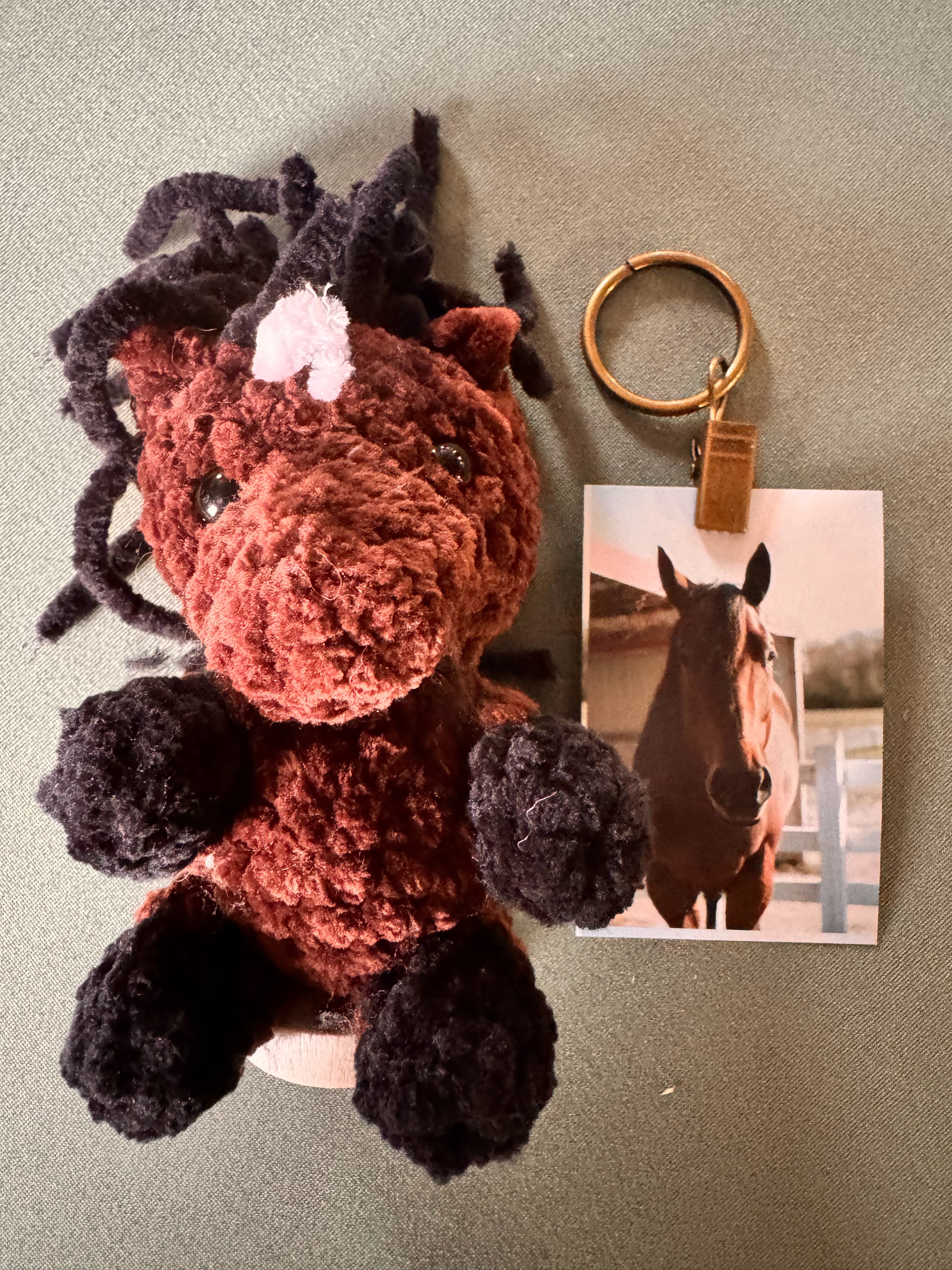 Sarge handmade crocheted stuffed horse with photo keychain