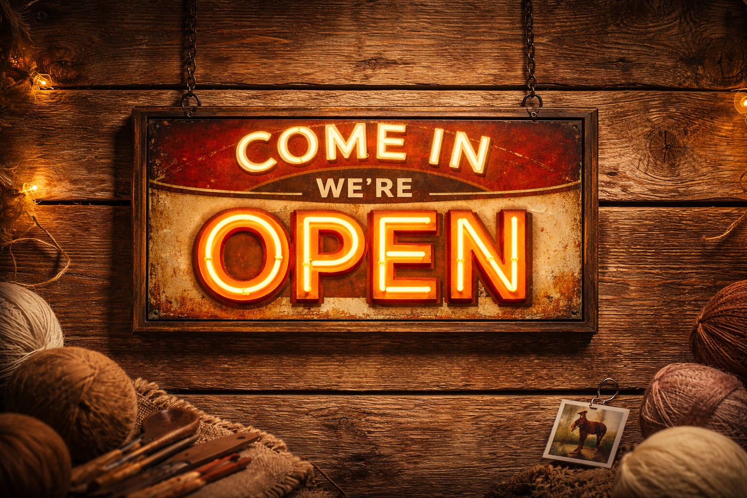 Come In We're Open sign with yarn