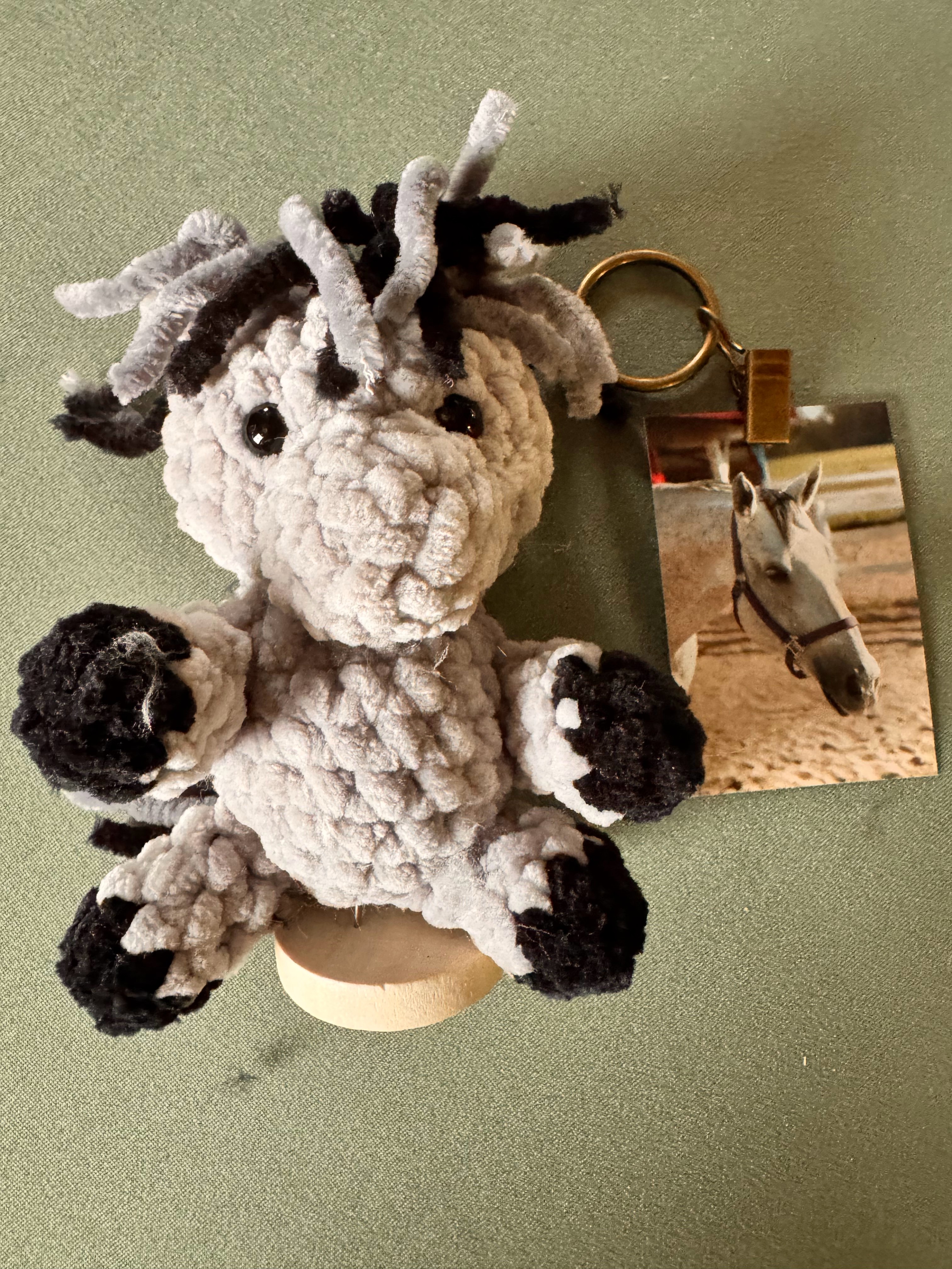 Smokey handmade crocheted stuffed horse with photo keychain